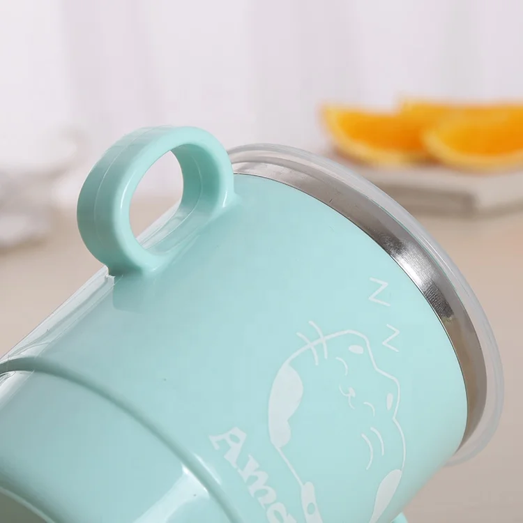 
Kids Popular Cute Stainless Steel plastic water bottle cup with two Handles and airtight lids for children training cup 