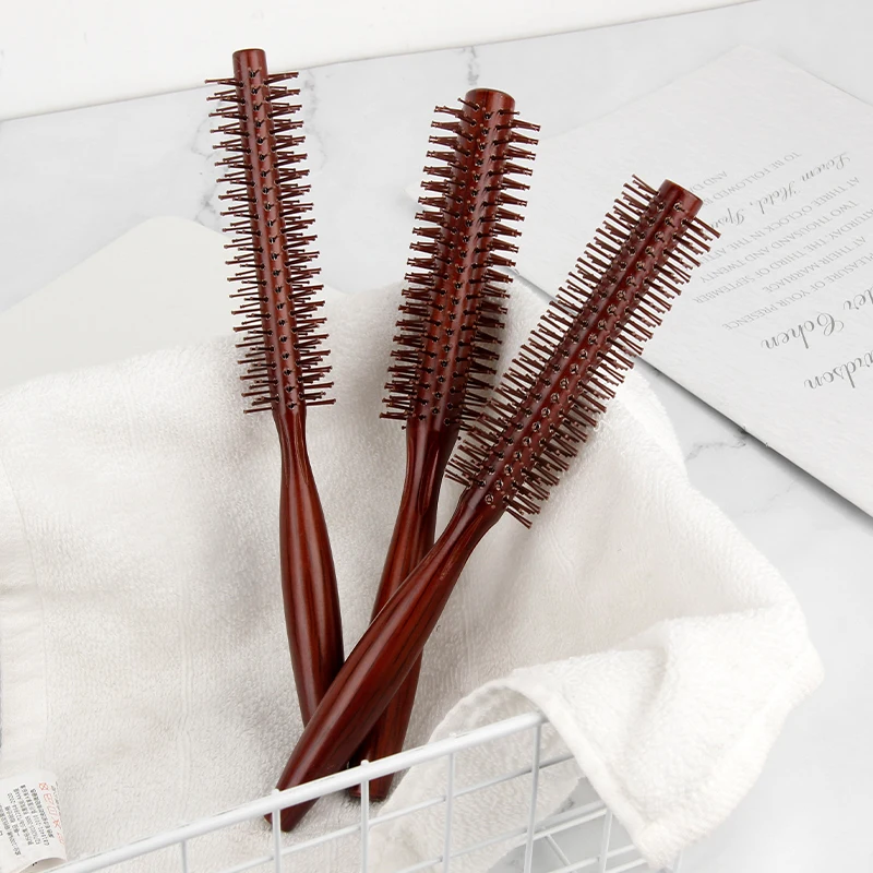 Massage curly comb home styling solid wood vintage nylon tooth red curly cylindrical comb