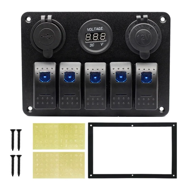 5 Gang Rocker Switch Panel ON Off LED Light Switch with 3.1A USB Digital Voltmeter Cigarette Lighter Socket