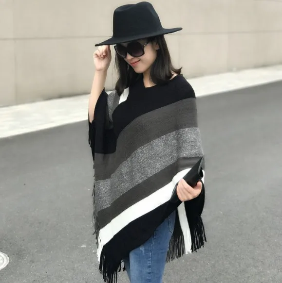Winter thick acrylic poncho women stripes knit blanket poncho