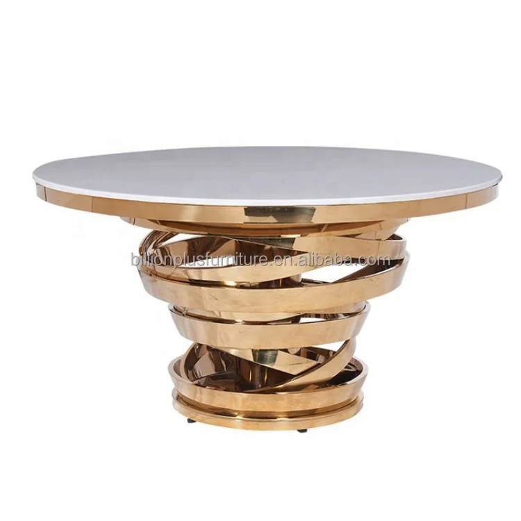 Gold stainless steel base wedding party table set used round gold marble dining table