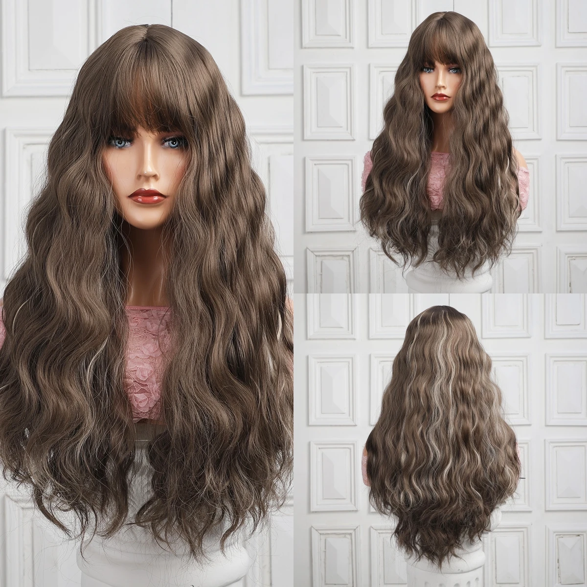 Wholesale Ombre Brown Wig with Bangs Synthetic Hair Wigs for Women Long Wavy Heat Resistant Synthetic Wigs