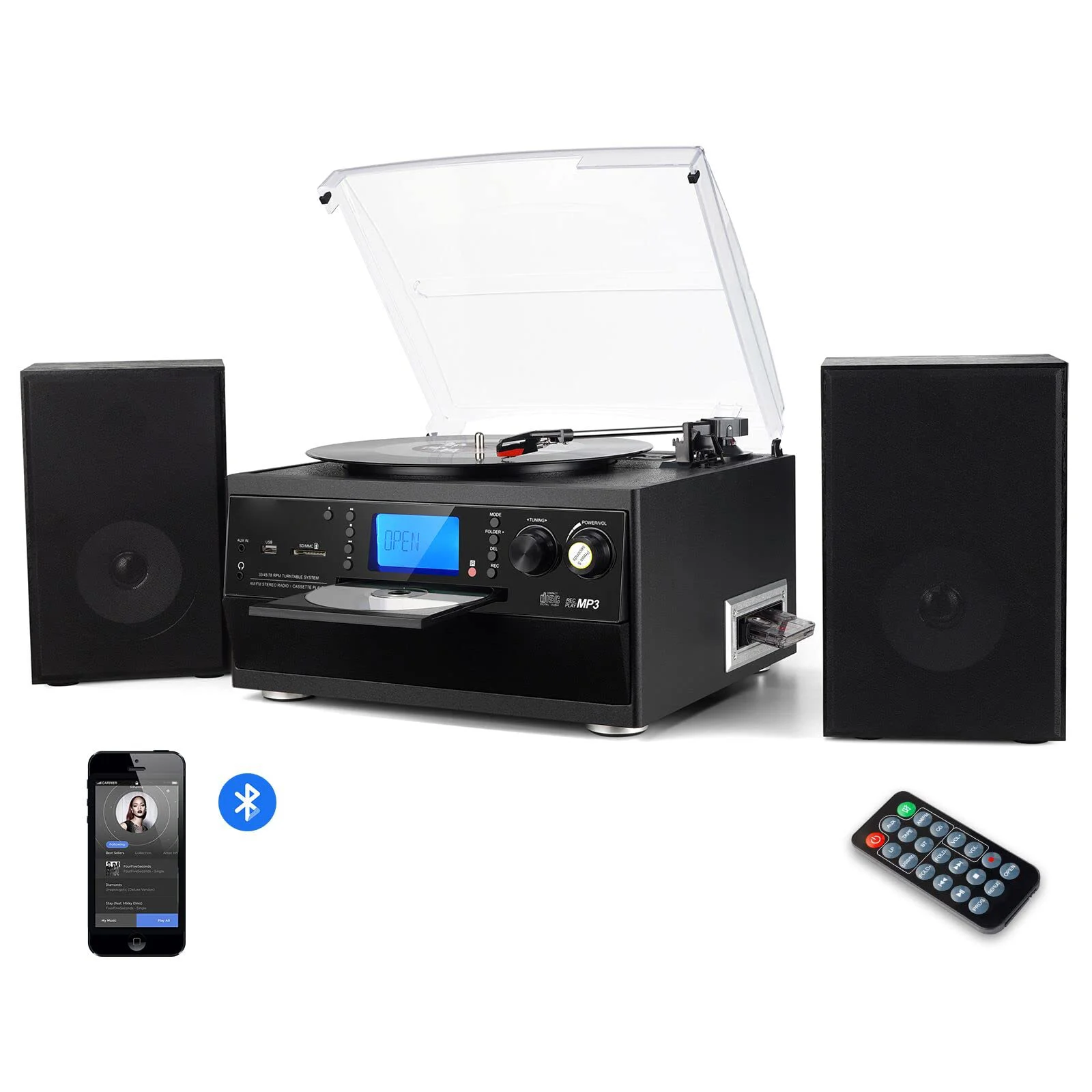 Twin CD Turntable with two Stereo Speakers, LP Vinyl to MP3 Converter with CD, Cassette, Radio, Aux in and USB/SD Encoding