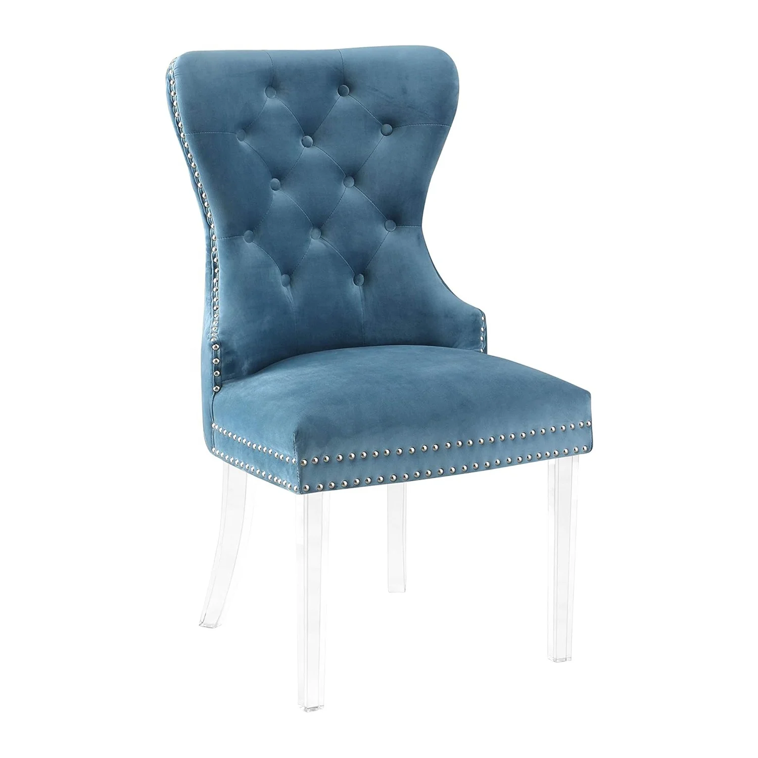 Dining Room Furniture Blue Velvet Dining Chair Home Furniture with Acrylic Legs Hotel Restaurant Furniture Chair Tufted Finish