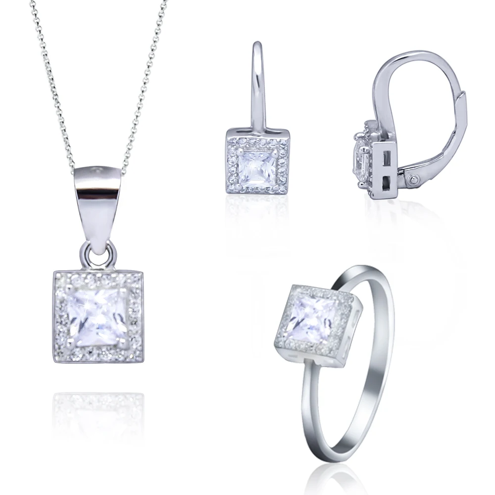 Fancy 925 Sterling Silver Jewelry Sets Aaa Cubic Zirconia Fashion Simple Princess Cut Square Diamond Set Of Jewellery