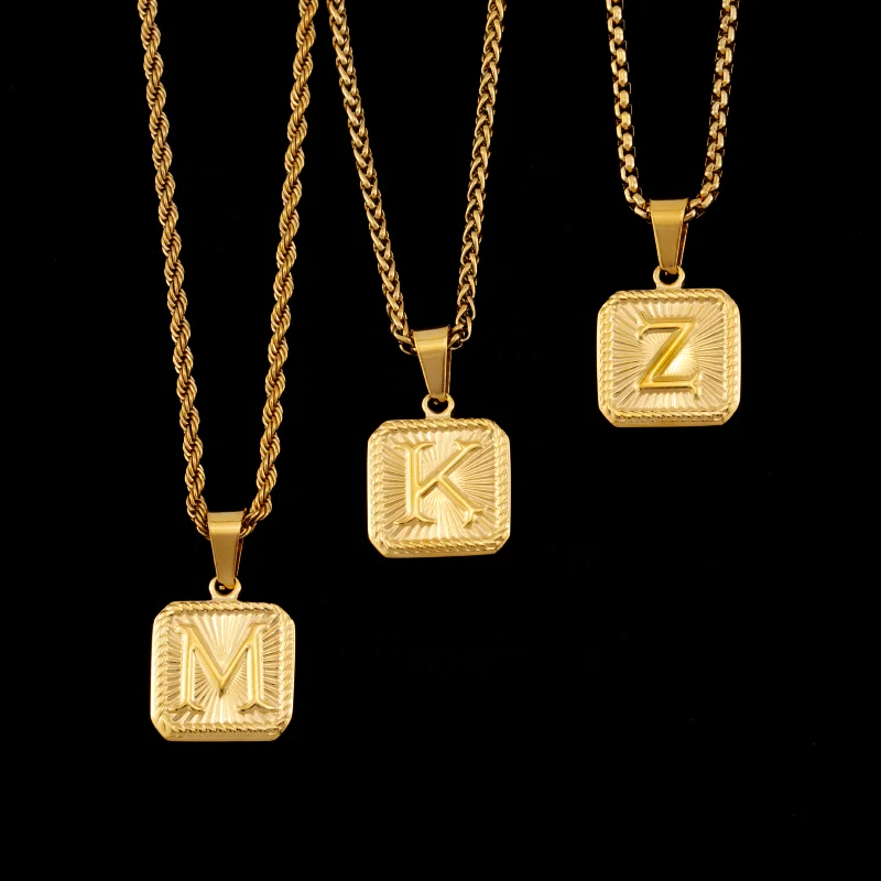 Personality Stainless Steel Gold Plated Alphabet Square 26 Capitalized Letters Initial Pendant Necklace