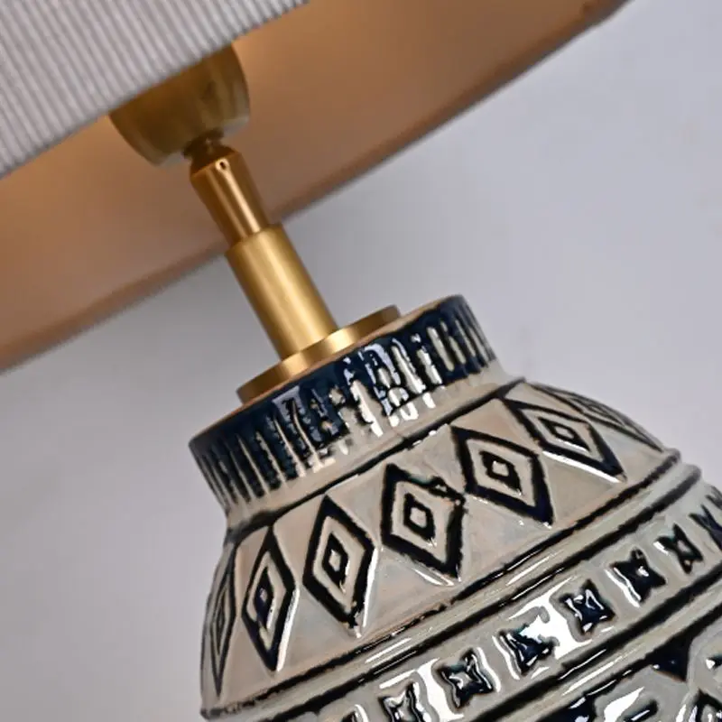 Wabi-sabi Porcelain Ware Pottery Moulded Peacock Blue Relief Retro Table Lamp For Living Room Decorative