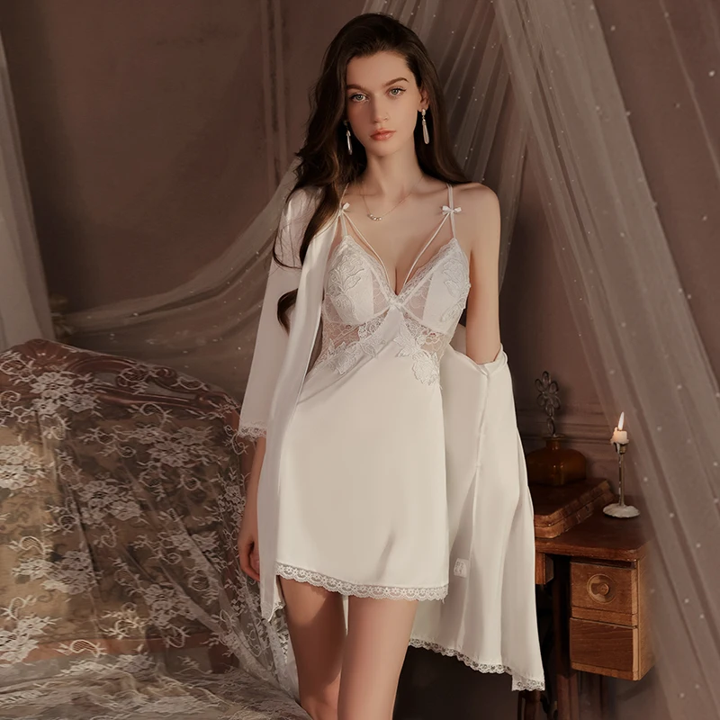 Summer pajamas women sexy chest pad backless suspender silk satin nightgown bath robe home wear suit 4372