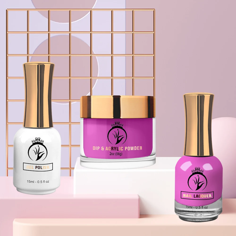 Purple color Glitter Nail 3 in 1 Acrylic Dipping Powder Perfect Color Match Gel Polish and Lacquer