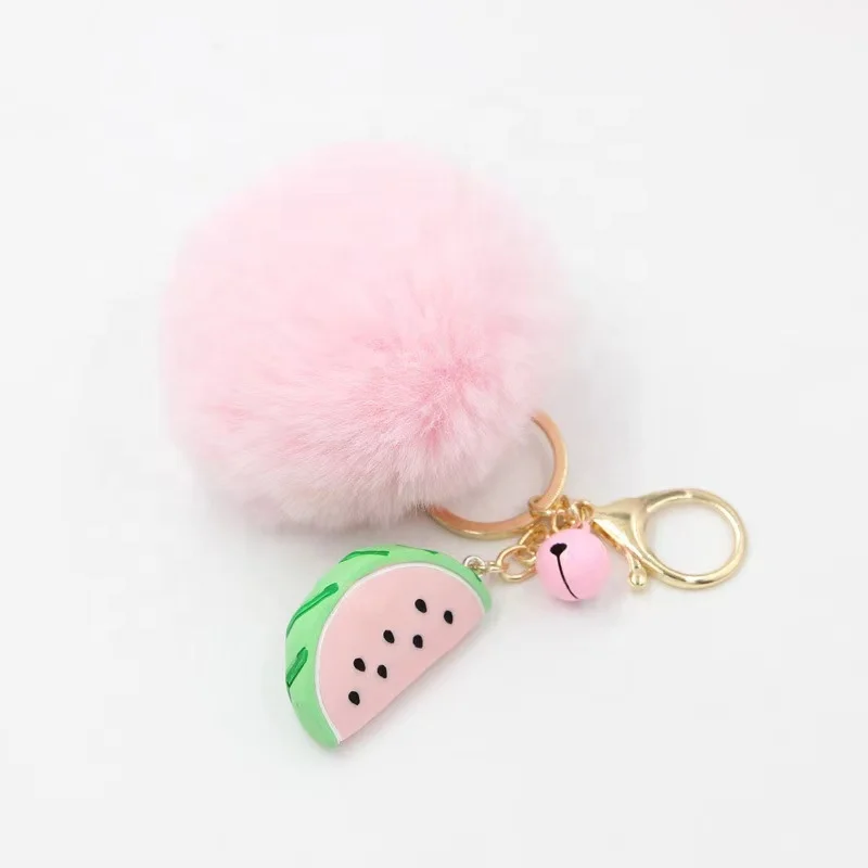 Pom Keychains Fake Rabbit fur ball key chain porte clef pompom de fourrure fluffy Bag Charms watermelon keychain Keyring