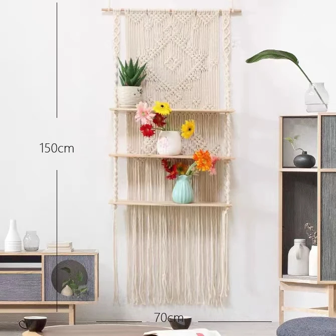 Handmade Woven Rope Macrame Wall Hanging Shelf 3 Tier Boho Shelves Organizer Hanger for Kitchen