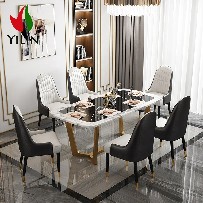 European Design Modern Stainless Steel Base Luxury Home Dining Room Rectangle Shape Marble Dinning Table