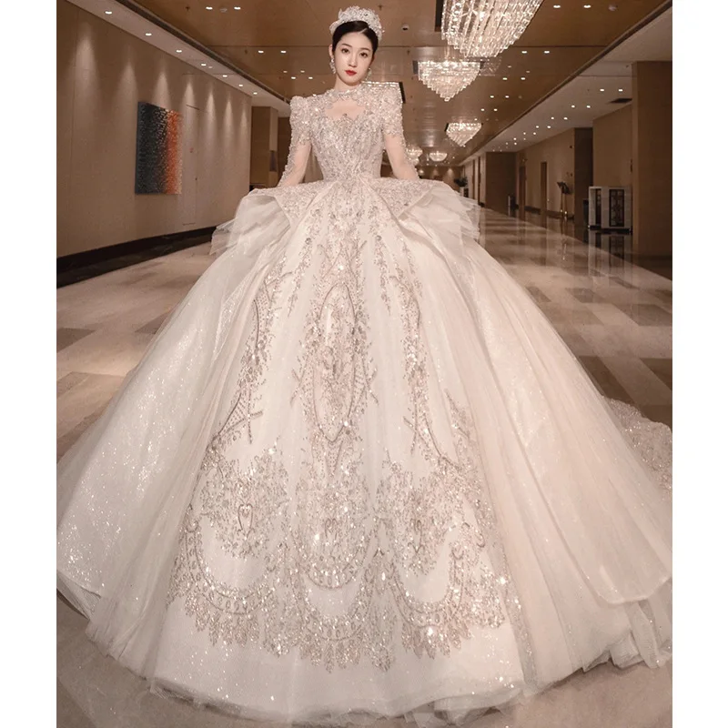 2022 princess luxury wedding gowns for bride white elegant wedding lace beaded quinceanera dresses sweet ball wedding dresses