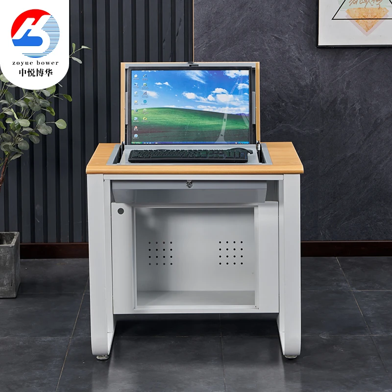 Multimedia Classroom Desk LCD Monitor Keyboard Mouse Hidde inside Safe Lockable Computer Desk Flip Up Desktop