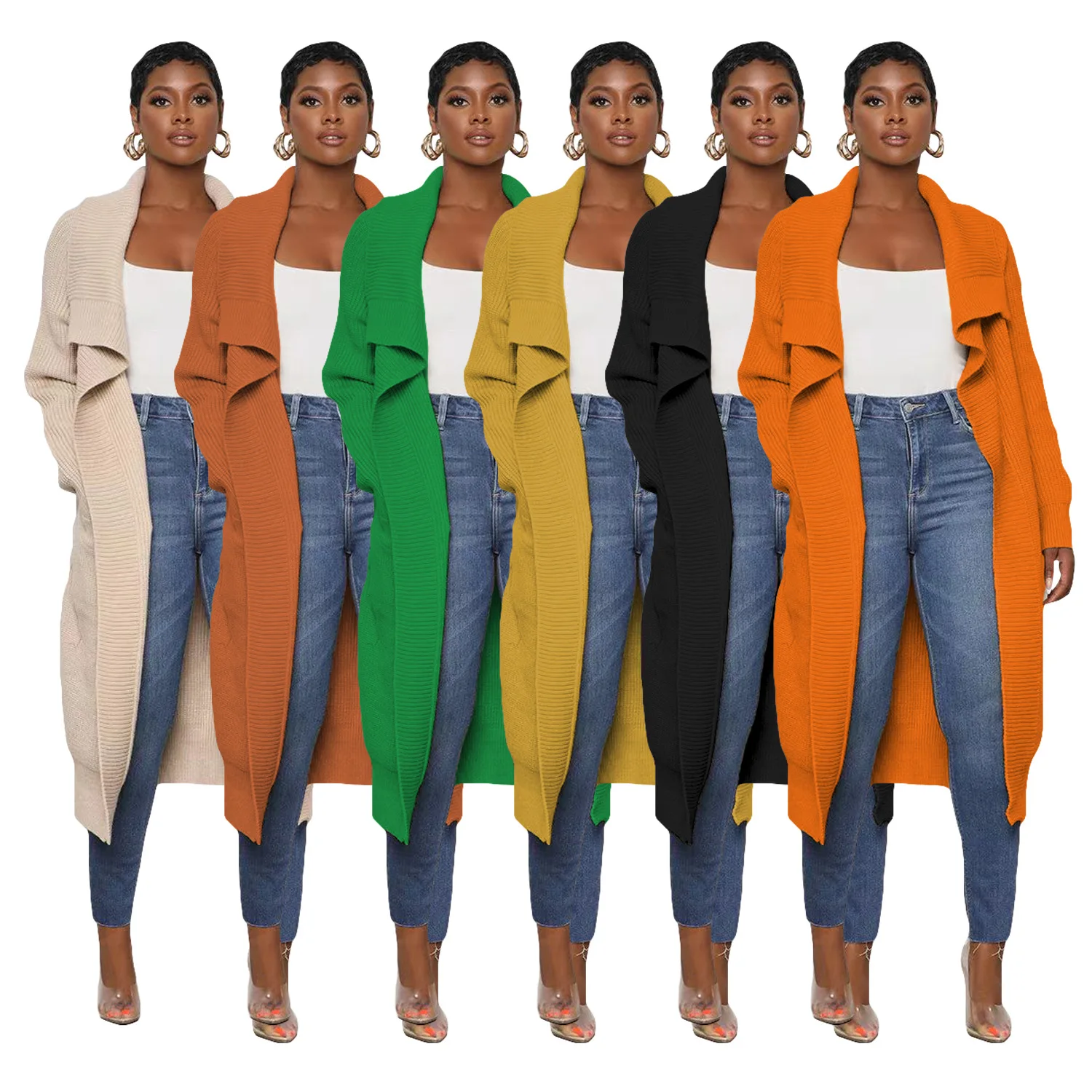 2023 new product High Quality Stretch Hand Knitted Cardigan Sweater Jacket Open Front Ladies X-Long Knit Sweater Women Coat