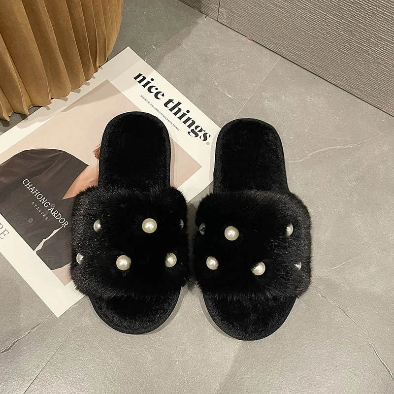 New Design Open toe Indoor women winter warm shoes slides plush flat slipper Beauty Cute fur slippers