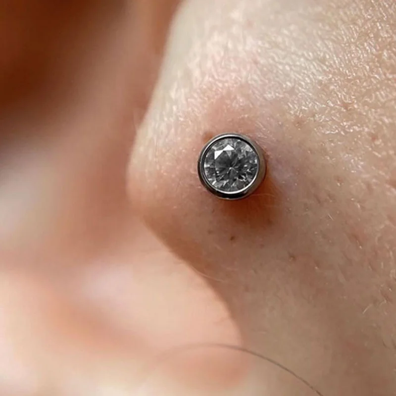 5A Clear Zircon Bezel Setting Flat Back Stud Tragus Gem ASTM F136 Titanium Piercing Earring Studs