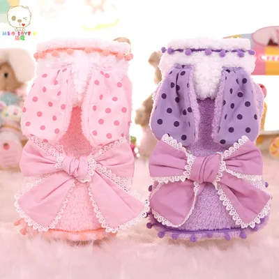 Pet dog Winter fleece Clothes Overcoat bowknot dog cute soft rabbit with long ear hoodies