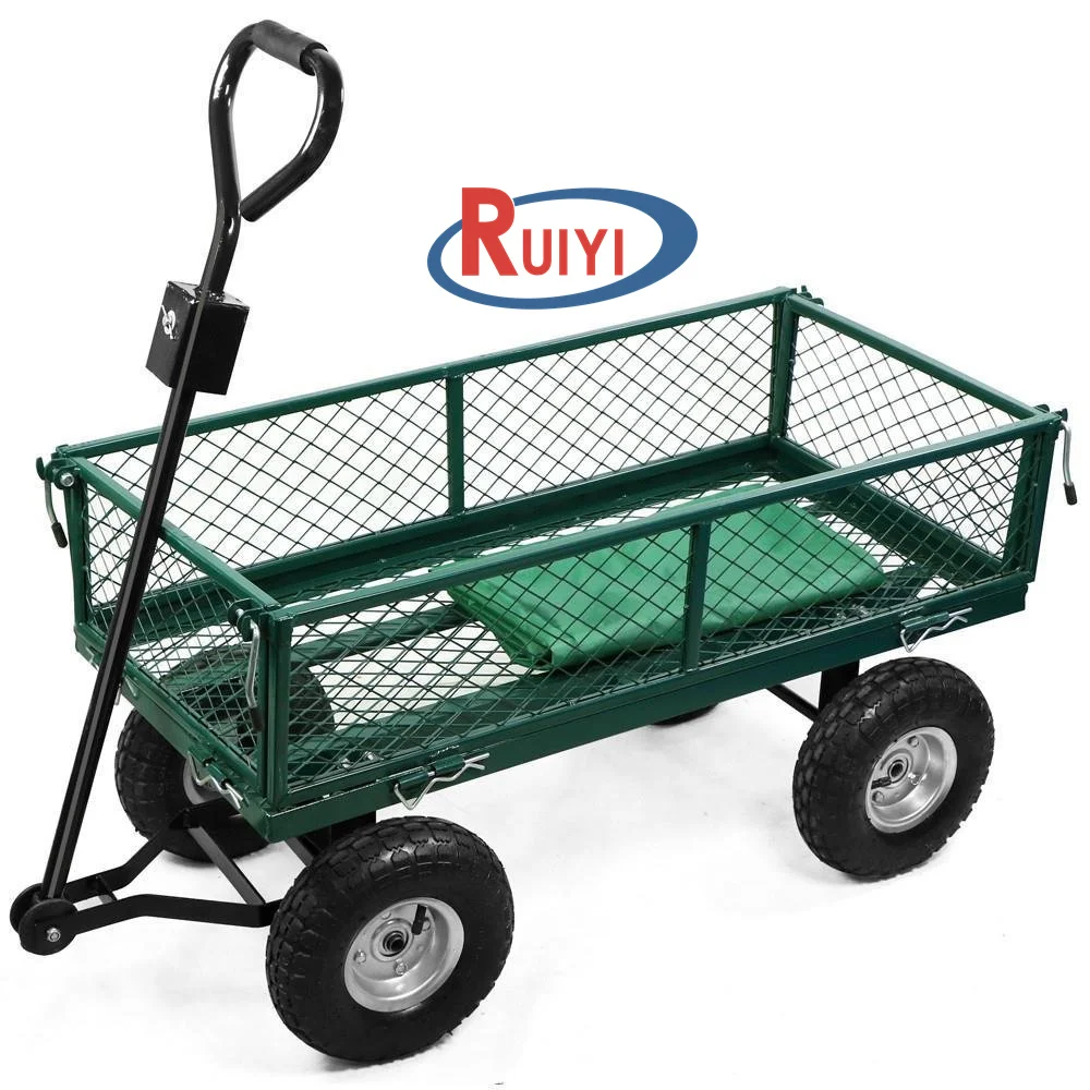 4 Wheeled Garden Utility Steel Metal Hand Truck Cart Trolley with Pneumatic Tire