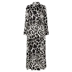 Wear Belt with Side Pockets Printing Maxi Dress Long Sleeves Shirt Dress Garments Manufacturer