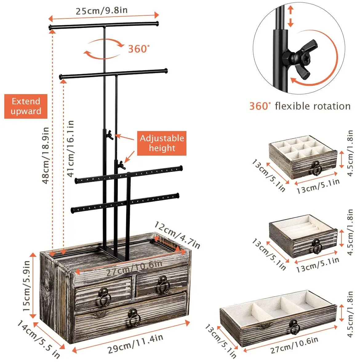 Rustic Wood Jewelry Stand Organizer 4 Tier Metal Jewelry Holder Display With Wood Basic Storage Box 3 Drawers and Adjustable