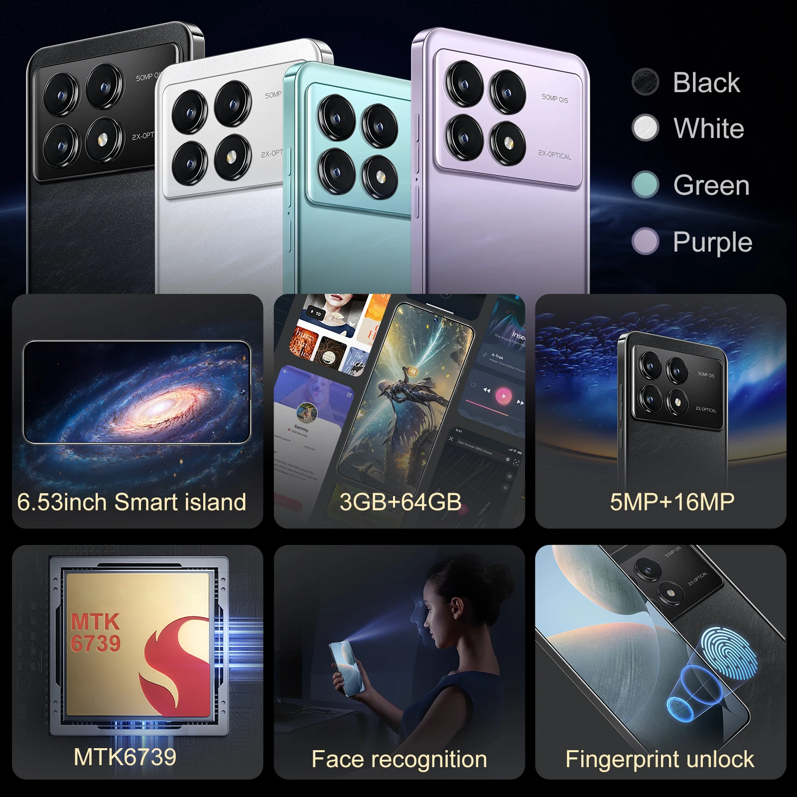 2024 Hot selling original android10 unlocked cell phone Type-C 6.53 inch big screen 3GB+64GB gaming 4G LTE mobile phones