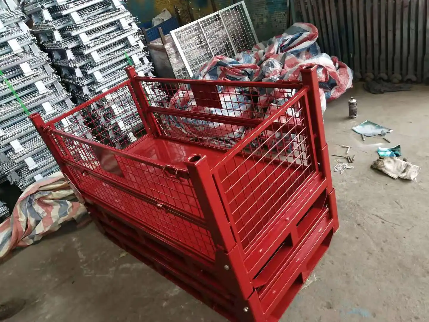 Custom powder plated wire foldable rigid metal storage box cage pallet metal container