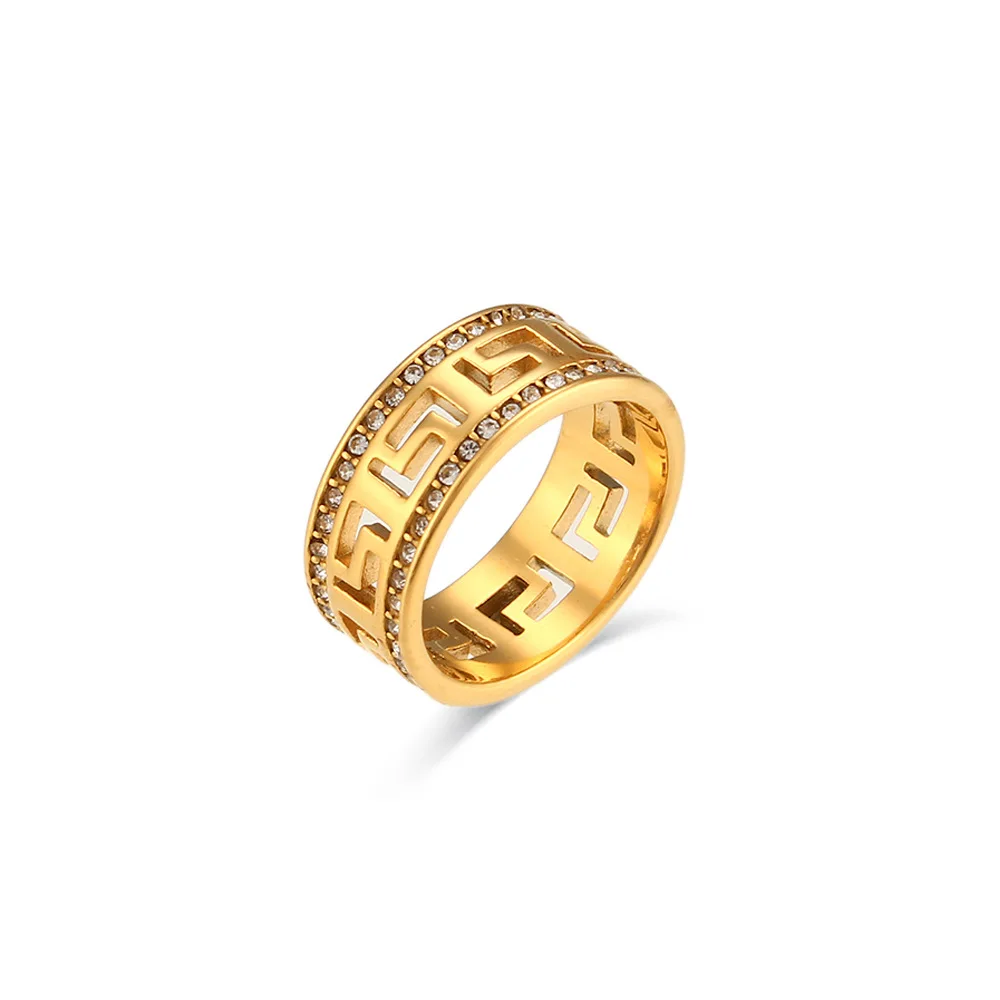 European And American Fashion Retro 18K Gold Stainless Steel Hollow Double Row Diamond Ring For Women