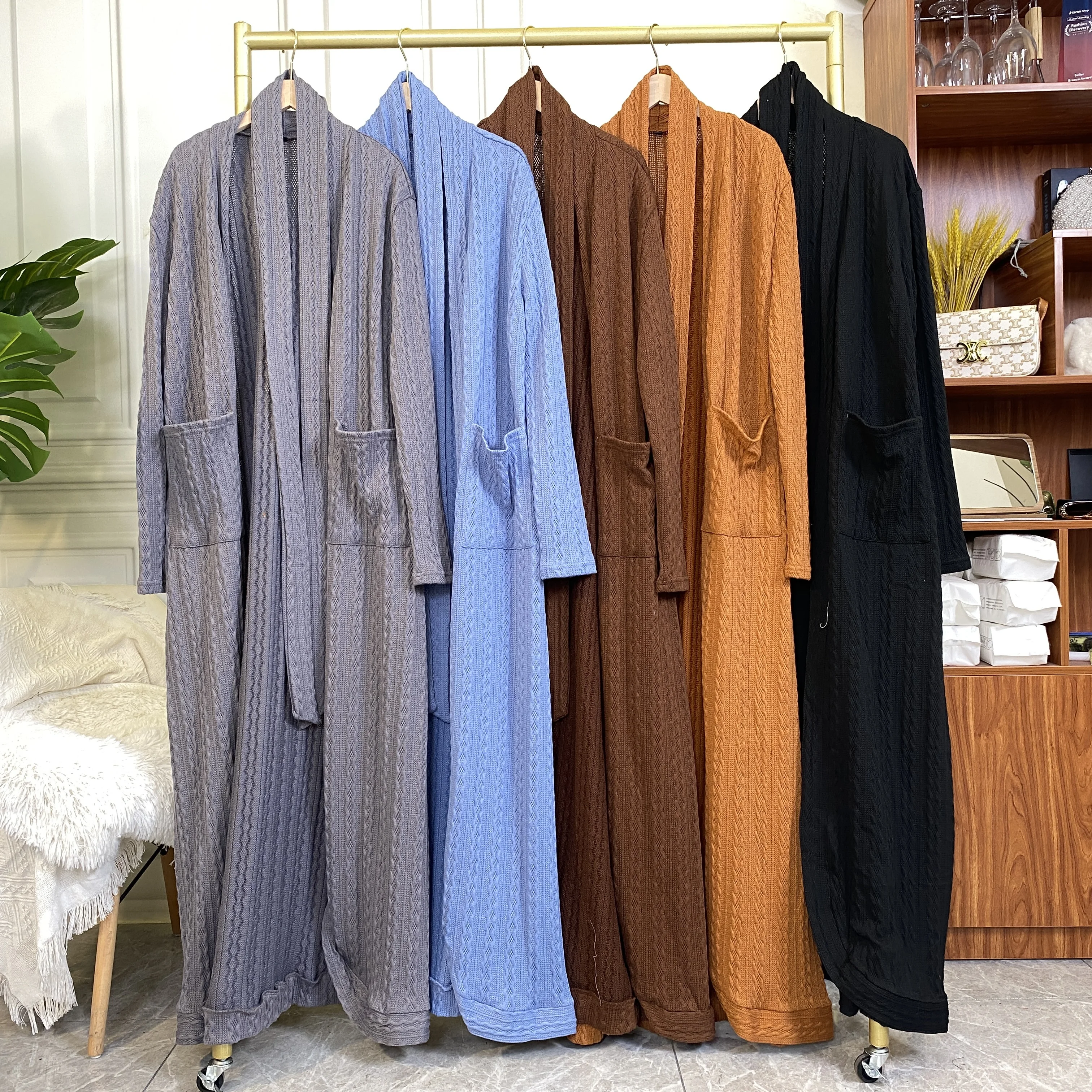 1952# New Fashion 2023 Elegant Pure Color Strip Covered Pocket Muslim Islamic National Female Abaya For Women Dubai Fashion Robe