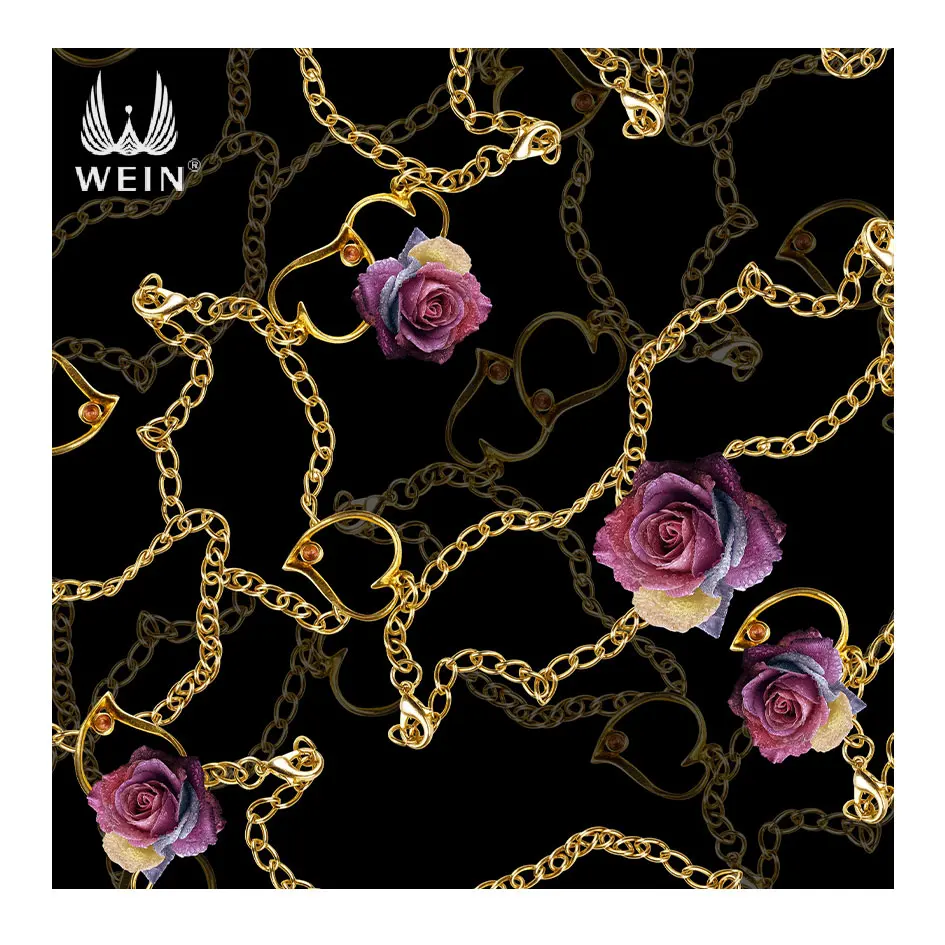 WI-E03-SM068 Custom gold chain and rose printed polyester spandex blend stretch satin fabric for abaya dress