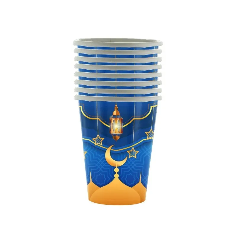Eid Mubarak Disposable Tableware Set Includes Paper Plate Cup and Tablecloth for Ramadan Celebration and Muslim Festival at Home