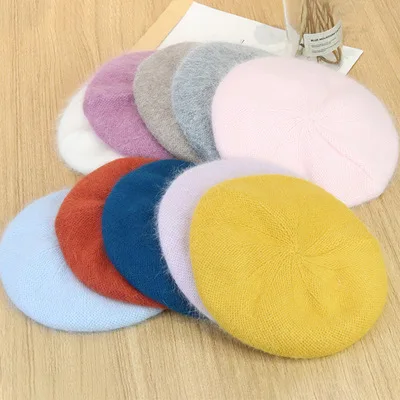 Зимний теплый однотонный берет, шапка, пушистый берет из Ангорского меха кролика, шапка для женщин