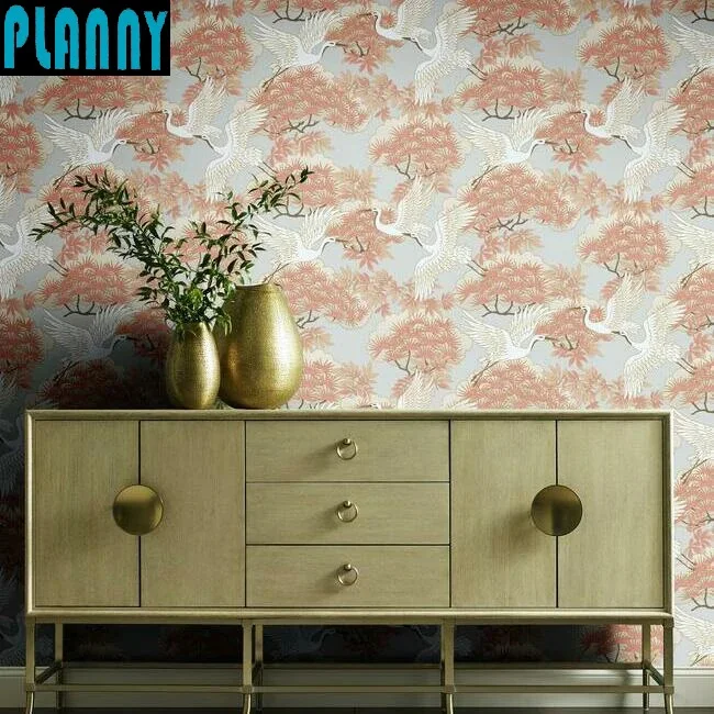 Chinese style Sprig & Heron customized mural non woven paper canvas wallpaper for living room