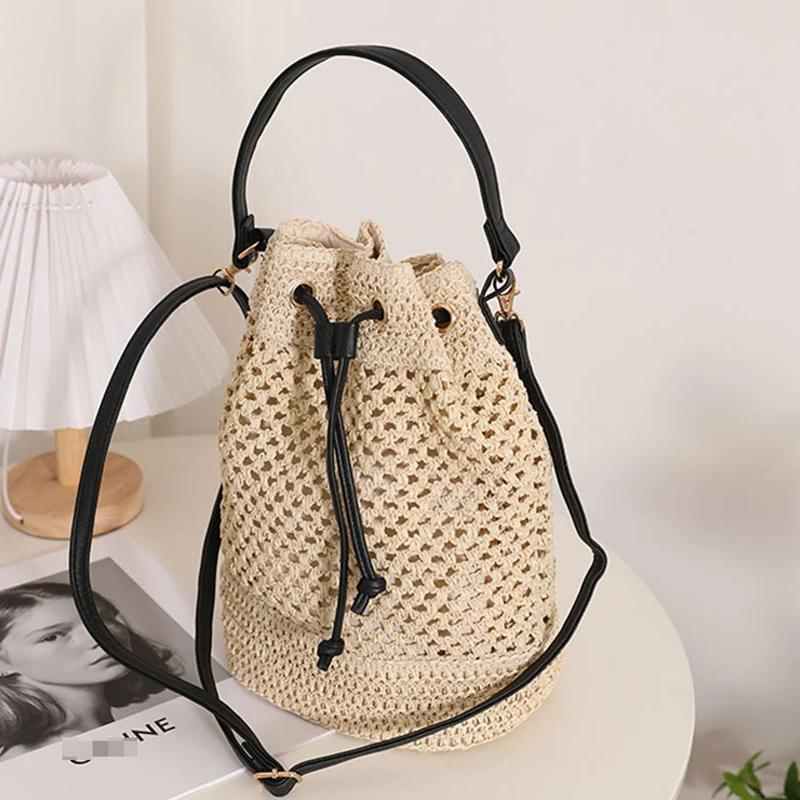 HZONOTHEM Simple Fashion Handbag Tote Bag Straw Beautiful Crossbody Bucket Woven Straw Bag Beach