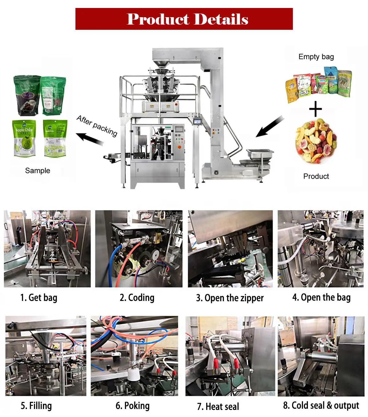 Automatic 50g 100g Coconut Crisp Shrimp Chips Packing Zip Lock Bag Stand-up Pouch Packaging Machine