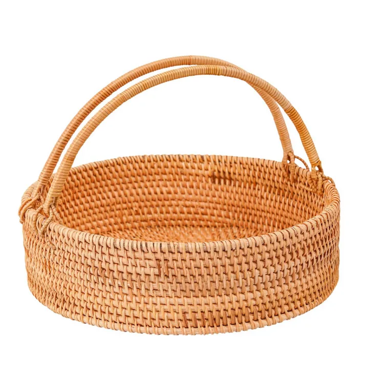 13inch Rattan Picnic Basket With Handles Round Wicker Hand-Woven Basket For Fruit