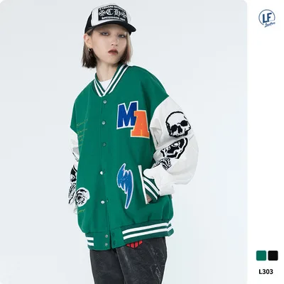 hip hop casual winter punk  streetwear vintage skull embroidery patchwork loose flocking unisex jacket coat