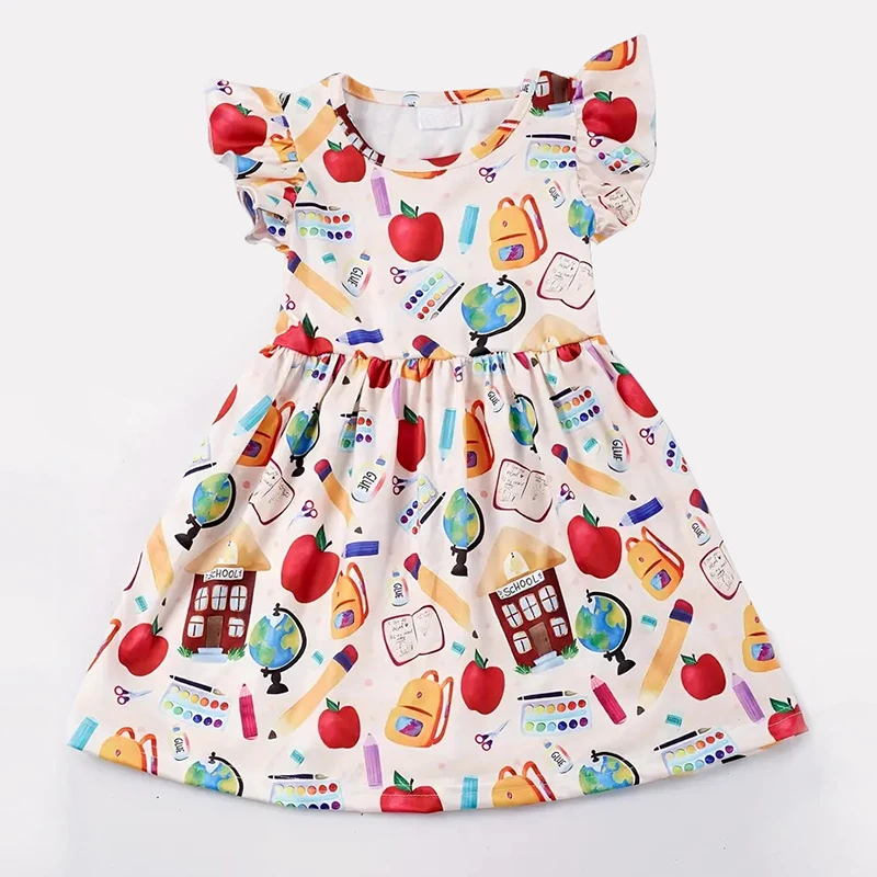 Organic bamboo kids dresses for girls ruffle sleeve 6-year old girl dress custom print dress kids jersey children clothes