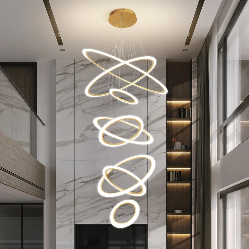 Luxury Acrylic Circular Villa Large Pendant Lights Long Staircase Pendant Lights Black High Ceiling Lights Gold LED Glass 30 90