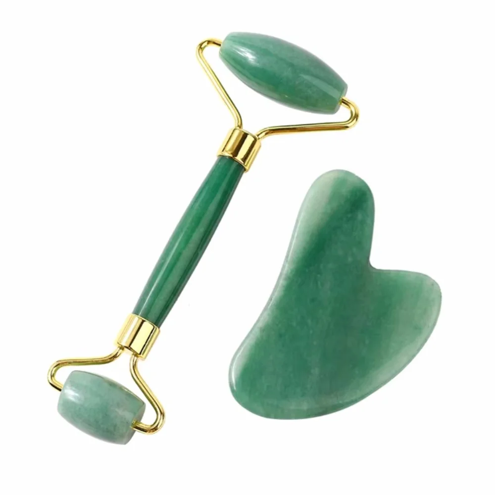 Green jade roller massager gua sha plate jade roller scraping set beauty face lifting