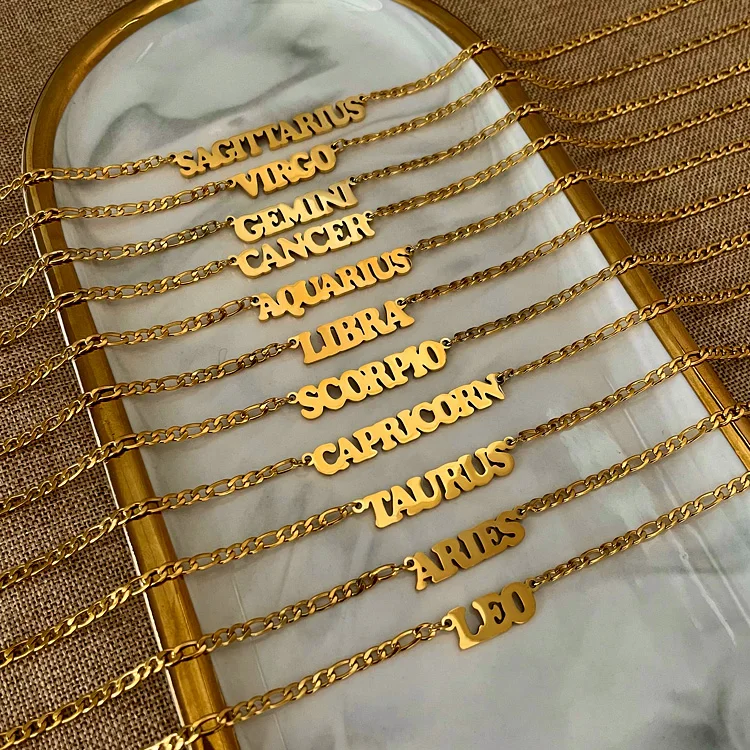 Hypoallergenic tarnish free stainless steel jewelry 18k gold plated horoscope bisuteria zodiac cuban chain necklaces