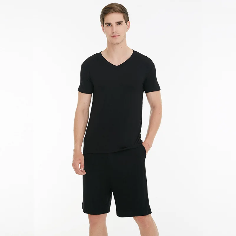 Летняя мужская одежда LYX025, пижамы из модала с V-образным вырезом, пижамы, костюмы, повседневная одежда для отдыха с коротким рукавом, однотонная