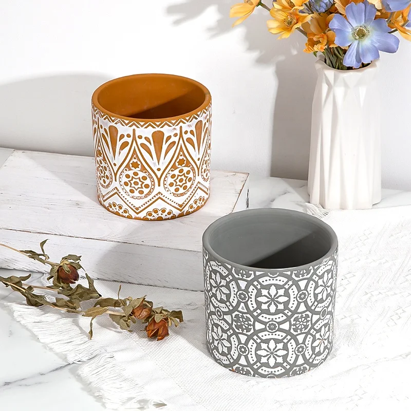 Custom Ceramic Handmade Premium Flower Pattern Design Candle Jar Orange Vintage Decor Pottery Elegant Clay Candle Jar Container