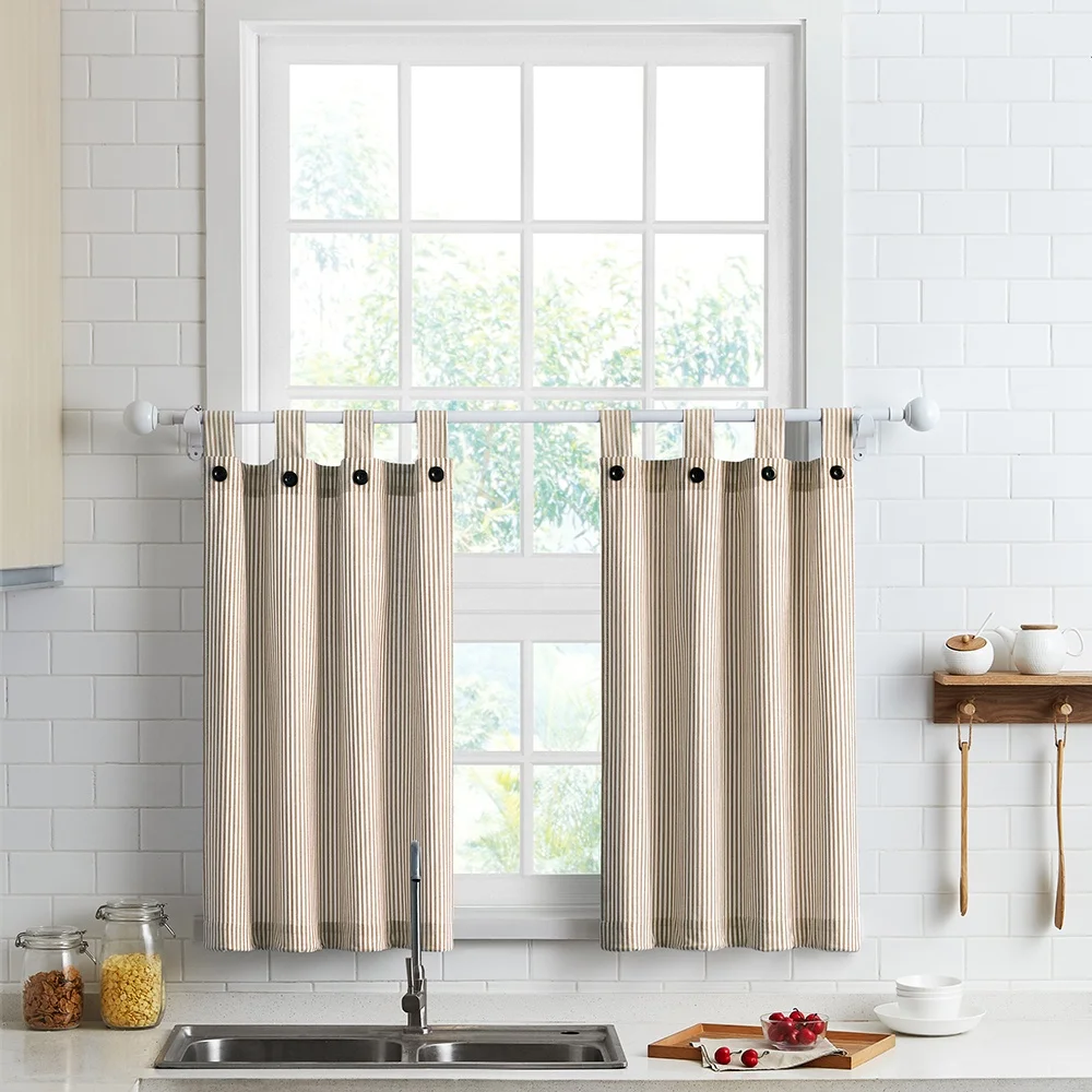 Linen color striped design 3 piece tab top cotton kitchen curtains and valances set ready made