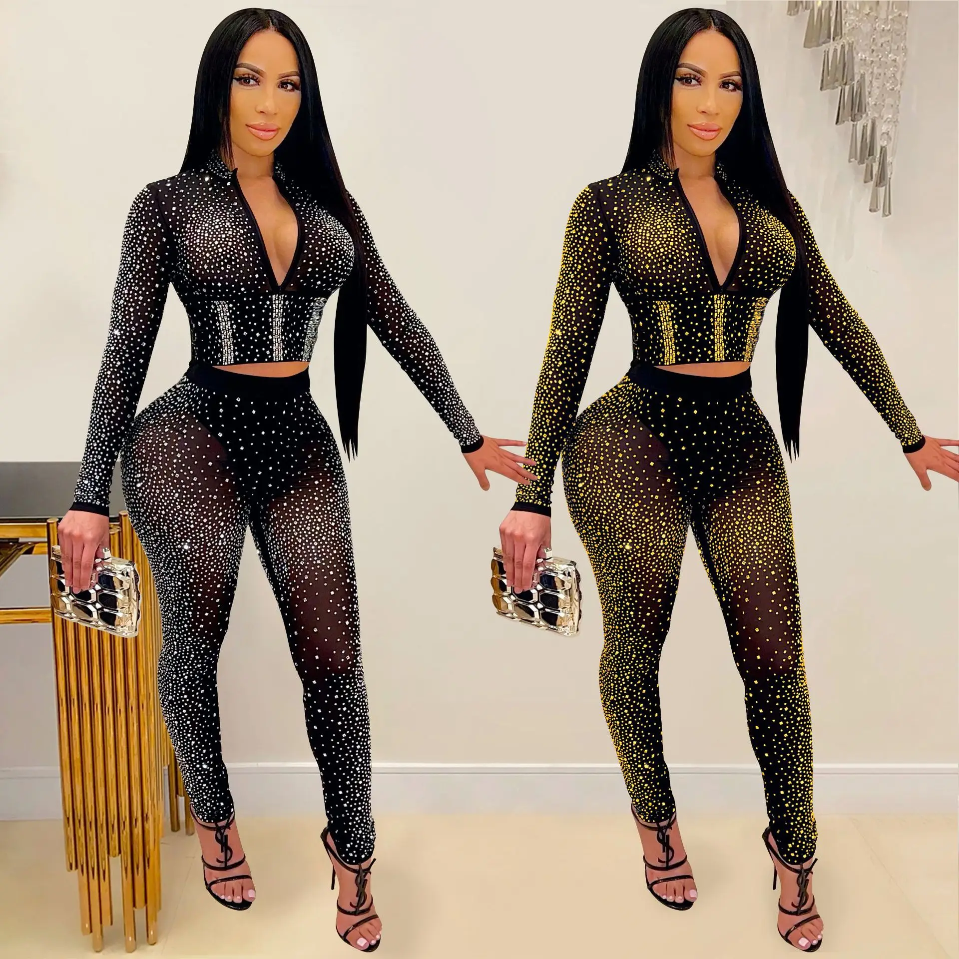 J9813 See through club sexy long sleeve sequined diamond mesh pants set women black v neck two piece pants set
