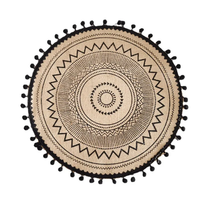 Round Jute Burlap Table Woven Placemat Vintage Handmade Woven Fringe Placemat