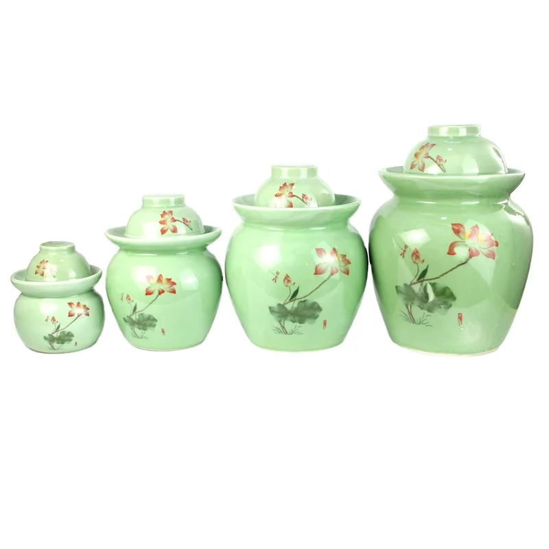 RYXM02 Green color background red lotus pattern pottery pickle jar