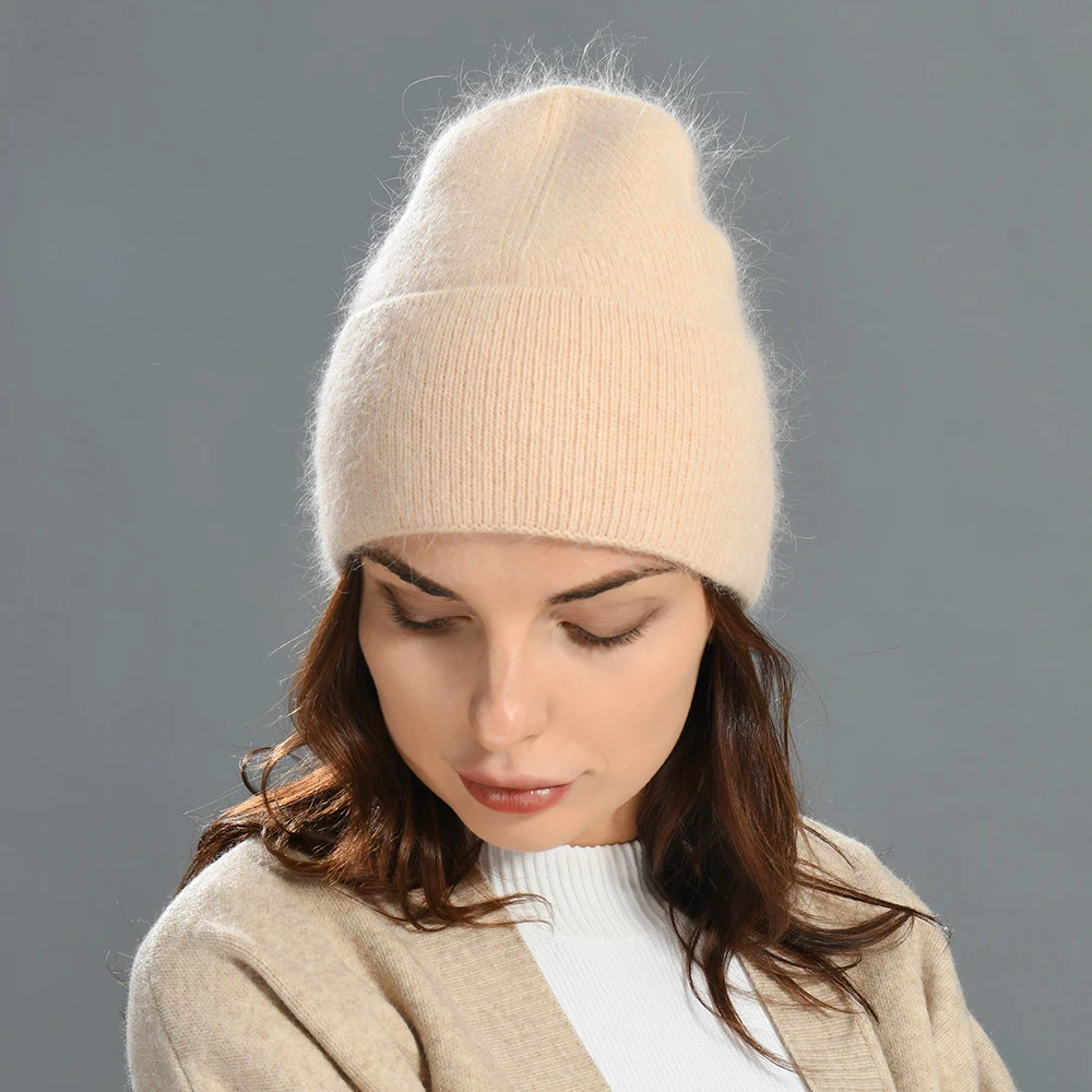 Fashion Custom Logo Women Fuzzy Beanie Hat Vintage Plain Long Rabbit Hair Fluffy Cuffed Warm Soft Knitted Beanie Hat Angora
