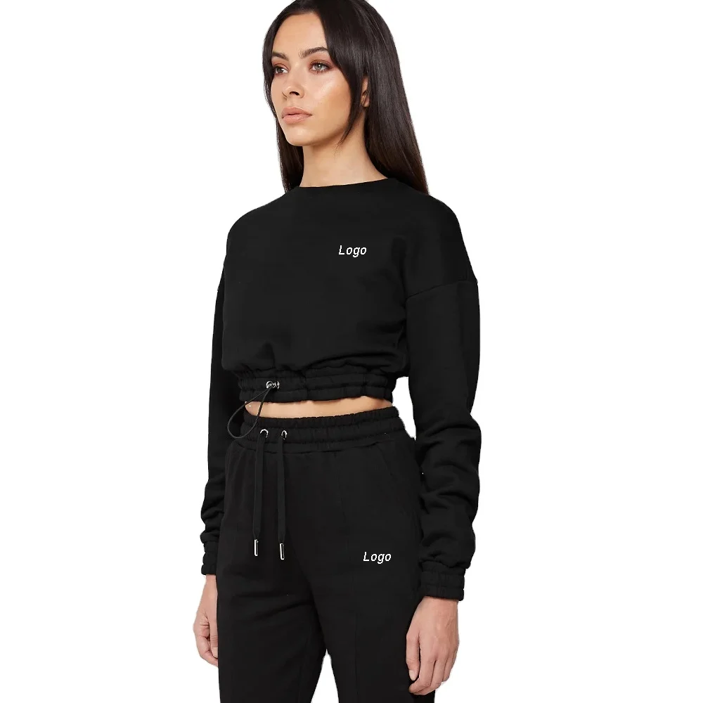 Winter High Quality 100%Cotton Fleece Ladies Tracksuit Custom Logo Print Cropped Crew Neck Tracksuit for Ladies