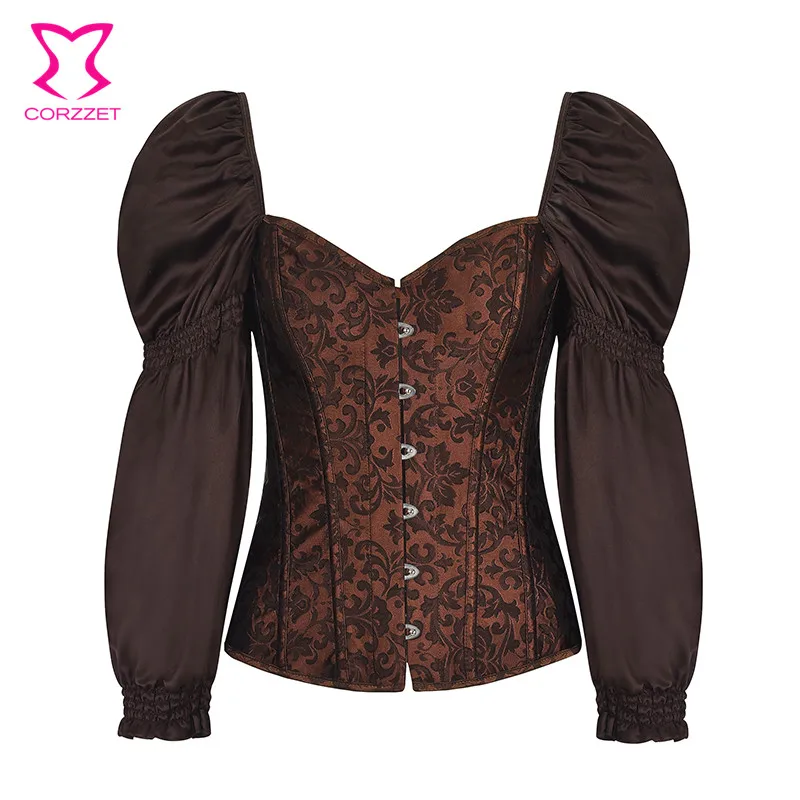 Brown Lantern Long Sleeve Steampunk Steel Boned Women Corset Sexy Waist Trainer Bustier Tops Vintage Gothic Clothing Plus Size
